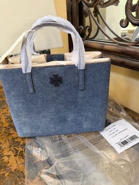 Tory Burch Denim-Style Small Tote in Suede Leather Washed Blue